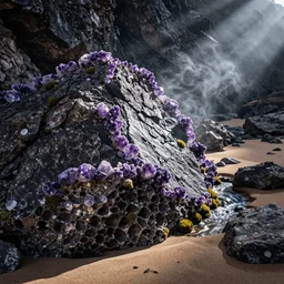 stunning, beautiful, mountainous, rock, sand, smoke, amethyst, moss, stream, high contrast, textured, light rays, hdr, 8 k, intricate