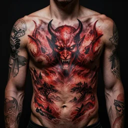 devilish dark red tattoos on a man's body