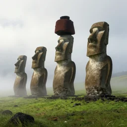 huge moai sculptures from eastern island, green fields, misty, foggy, volumetric light, epic canvas, highly detailed, digital painting, artstation, concept art, cinematic lighting, illustration, art by artgerm and greg rutkowski and alphonse mucha