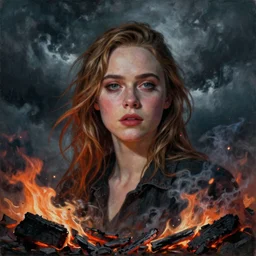 Elle Fanning surrounded by smoldering cinders in the style of Paola Vetri, head and shoulders portrait, stormy weather, extremely detailed masterpiece, oil on canvas, low-key neon lighting, artstation, Blade Runner 2049, Roger Deakin’s cinematography, by J. C. Leyendecker and Peter Paul Rubens and Edward Hopper and Michael Sowa,