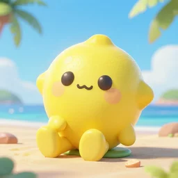 a supercute cartoonnetwork lemon character, that is cute and good looking, it's is relaxing on a beach, dalle - 2 quality, octane render, 3 d, volumetric lightening,