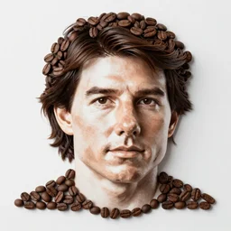 tom cruise portrait recreated with coffee beans on a white surface, 8K, detailed, product photo