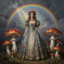 By Tom Bagshaw, photorealistic soft paint portrait of a curiosities carnival with mushrooms, beautiful female in full long dress, symmetry accurate features, very intricate details, focus, ominous sky, rainbow lighting, volumetric clouds, god rays