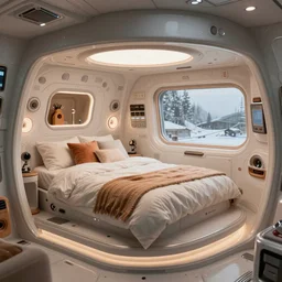 cozy spaceship bed room. interior set design photograph by denis villeneuve 2 0 4 9