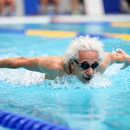 photo realistic, sharp, albert einstein swimming the butterfly, fast shutter speed