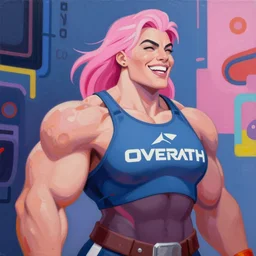 greg manchess portrait of margot robbie as very happy thick veiny muscular female bodybuilder zarya from overwatch with pink hair in disco elysium, fantasy, medium shot, asymmetrical, profile picture, organic painting, matte painting, bold shapes, hard edges, street art, trending on artstation, by huang guangjian and gil elvgren and sachin teng