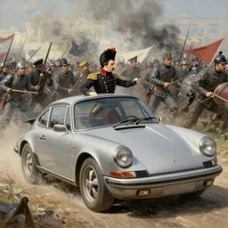 painting of napoleon bonaparte driving a porsche 9 1 1 into battle
