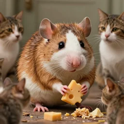 photo, emma watson as anthropomorphic furry - rat, 1 8 6 5 5, she is a real huge fat rat with rat body, cats! are around, eating cheese, highly detailed, intricate details