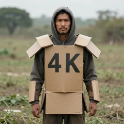 homeless man wearing cardboard armor, 4 k, hyper realistic, dslr, landscape, beautiful