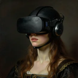 renaissance portrait of cyberpunk girl in vr helmet by rembrandt,
