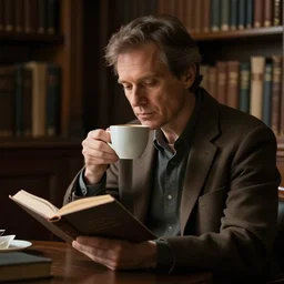 a middle aged man in a dimly lit library, pondering over a book and a cup of coffee