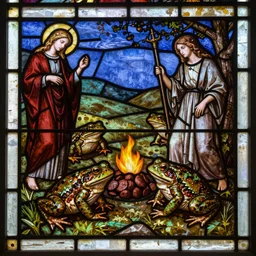 raphaelite stained glass artwork depicting purgatory of toads