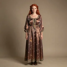 a rustic woman wearing a silk dress, detailed face, redhead, full body, by greg rutkowski, mandy jurgens