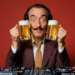 a man with two beers as his face, he is a dj, highly detailed, fantasy style, in the style of salvador dali