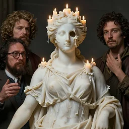 a delicate renaissance marble goddess with the hole in face covered with wax and covered with many candles, highly detailed marble cloth, gi, global illumination, physically based rendering, photorealistic, top light, by Livio Scarpella, Edgar Maxence, Jin Shan and Ross Tran, Mooniq Priem, Boris Vallejo
