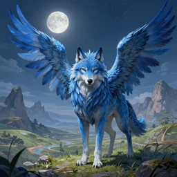 blue feathered wolf with wings on a beautiful fantasy landscape, facing front, hills, mountains, moonlit, hd, illustration, epic, d & d, fantasy, intricate, elegant, highly detailed, digital painting, artstation, concept art, smooth, sharp focus, illustration, wallpaper, art by artgerm and greg rutkowski and alphonse mucha and jin xiaodi
