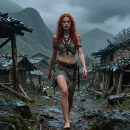 a beautiful gorgeous girl, messy long red hair and wet grey tribal clothes, short torn up pants, she is walking on a mountain, in front of a very poor old shanti town with wooden ruins, medieval era, heavy rain, late at night, mist, cinematic, highly detailed, powerful, cinematic, beautifully lit, by artgerm, by karol bak, 3 d, trending on artstation, octane render, 8 k