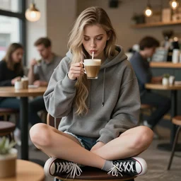 cassandra cain wearing a hoodie, shorts and converse shoes, a t a cafe drinking coffee, art by artgerm, wlop, loish, ilya kuvshinov, 8 k realistic, hyperdetailed, beautiful lighting, detailed background, depth of field, symmetrical face, frostbite 3 engine, cryengine,