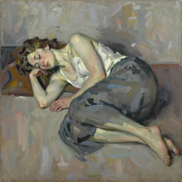 Oil painting Portrait of a Woman sleeping on the floor by Lucian Freud, Abstract brush strokes, Masterpiece