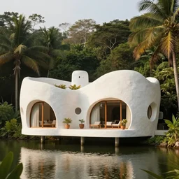 cozy organic architecture white stone house designed by mc escher, ( ( ( hovering ) ) ) on top of a lake, tropical jungle background, day time, warm colors