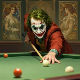 photography of the joker playing pool, deep focus, d & d, intricate, elegant, highly detailed, digital painting, artstation, concept art, matte, sharp focus, illustration, hearthstone, art by artgerm and greg rutkowski and alphonse mucha