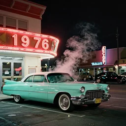 color street view in america of market district at night. a mint cadillac parked outside a casino, from 1 9 7 6, california. liminal space. scorsese, kodachrome, fred herzog. steam lit by neon signs. 1 0 0 mm lens. low saturation, winter. detailed sharp photograph shot on hasselblad medium format cinestill film
