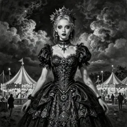 By Tom Bagshaw, ultra realist soft painting of a curiosities carnival by night, very beautiful female dollpunk in full gothic dress, symmetry accurate features, very intricate details, omnious sky, black and white, volumetric light clouds