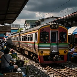 a train drives through a busy market in bangkok