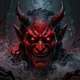 a scary devil face with soft red color and black color with bloodshot and luminous eyes ,against a hellish background with a lot of smoke, darkart, hyperdetailed, hyperealistic, cinematography, 16k, 3D, Artstation, Deviantart, very beautiful