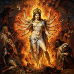 epic masterpiece oil painting of saint sebastian with many arms like an indian goddess shot with arrows a human pincushion engulfed in hell fire parade of weeping pilgrims with bloodstained tattered clothes beset by demonic beasts pazuzu belphagor ecorche painted by wayne d barlowe