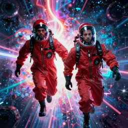 two scientists wearing red rick owens hazmat suits escaping the neon supernova by frank frazetta