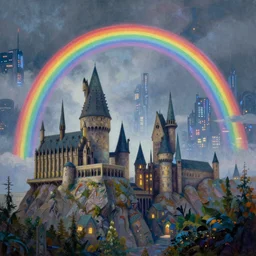 a beautiful painting of a fantasy magical valley of rainbows of hogwarts, in the art style of thomas kinkade and alexander jansson, in the background a futuristic cyberpunk city with lit windows is seen.