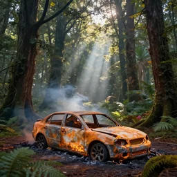 burned car in a beautiful enchanted forest full of vibrant life, ray casting, light rays, award winning photo