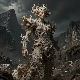 dissolution filter ,turbulence filter, fractal, costume design made by complexity, sophisticated composition, old masters light composition, procedurally generated, drama human character posing for concept art, dramatic mountains behind, substance designer, PBR, HD, Ultra detailed, hyperrealistic, megascans, volumetric light, concept by master artist, made in paint tool SAI2, trending pixiv aesthetic face