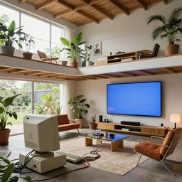 interior of a loft, living room with split levels, mezzanine, plants and patio, 1970 furniture, a giant computer with too many cables, giant screens on the call, bauhaus, concept art by Theo Prins
