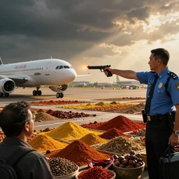 airport custom officers pointing their weapons at spices!!!!!! from a passenger, satire, dramatic, hyperdetailed, cinematic lighting