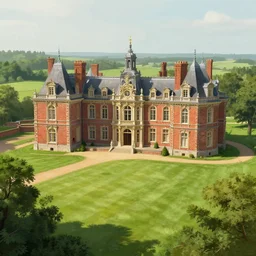 matte painting of a countryside landscape of a noble estate with xix century manor. red brick, opulent, verdant lawn. fantastical, elegant elaborate, sharp focus, smooth detailed digital art trending in artstation