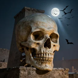 Detailed Exterior Shot of skeleton head Tower of Alexandria, light of sorrow, moonlight shafts, swarm of bats, dim atmosphere, in Style of Peter Mohrbacher, cinematic lighting