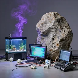 artwork by jesper just with wax, porcelain, cables and monitors, aquarium and a huge eroded stone, purple smoke, ultra realistic, depth, beautiful lighting, glitch, sigma, 8 k, 3 5 mm, f / 3 2