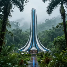 amazing photo of a futuristic monument in a rainforest