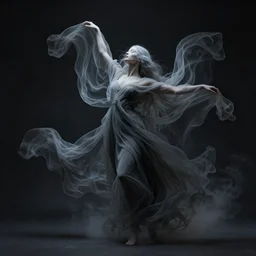professional concept art ethereal ghostlike valkyrie figure fluid simulation in houdini dancing in dark smoke robes and silk veils by ilm, paolo roversi, nick knight, amy judd, beautiful simplified form in turbulent movement, dark studio background, turner, romantic, trending on artstation, hyperrealism, matte painting, dutch golden age, fine detail, cgsociety