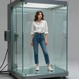 a beautiful artwork of a girl with shirt and jeans standing inside a machine made of glass by Jerome Opeña, featured on artstation