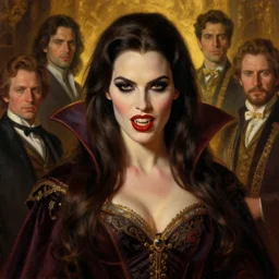 majestic gracious regal aristocratic brunette female vampire portrait, atmospheric lighting, painted, menacingly bearing fangs, intricate, volumetric lighting, beautiful, rich deep colours masterpiece, golden hour, sharp focus, ultra detailed, by leesha hannigan, ross tran, thierry doizon, kai carpenter, ignacio fernandez rios