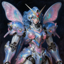 a baroque neoclassicist renaissance close - up portrait of a blue and pink iridescent whimsical 1 8 0 0 s japanese mecha gundam butterfly witch. reflective detailed textures. glowing eyes, dark background. highly detailed fantasy science fiction painting by moebius, norman rockwell, frank frazetta, and syd mead. rich colors, high contrast. artstation