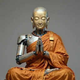 robot monk, listening to heavenly music, highly detailed, expressive closed eyes, beautiful symmetric body, award winning, by Tom Bagshaw