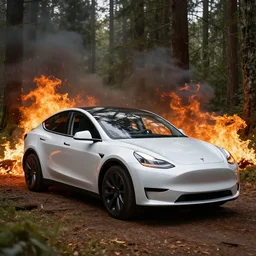 tesla in a burning forest, photorealistic