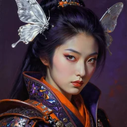 baroque neoclassicist close - up portrait of a cyberpunk retrofuturistic cyberpunk japanese samurai warrior gazing intensely. silver butterfly wings. dark purple and orange iridescent and reflective textures. highly detailed science fiction painting by norman rockwell, frank frazetta, and syd mead. rich colors, high contrast, gloomy atmosphere. trending on artstation and behance.