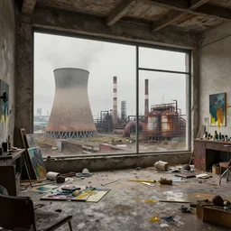 palette knife oil pairing of an open - plan loft apartment with a panoramic view of a grim industrial landscape of cooling towers and rusted silos. inside, the apartment is fancy but filled with mess. extreme detail, artstation trending, artgerm, deviant art, octane, substance, art history 8 k