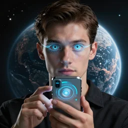 hd artistic photo of man using futuristic advanced mobile screen just with help of motion of eyes on future planet, highly detailed