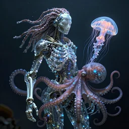 underwater photography of a biopunk human crystal skeleton with dreadlocks in symbiosis with an octopus and a jellyfish, intricate and ornate alien technology, bioluminescence, bloom, dim rim lighting, by victor grasso and scott musgrove, anton h. r. giger and tooth wu, digital illustration, concept art, cg society